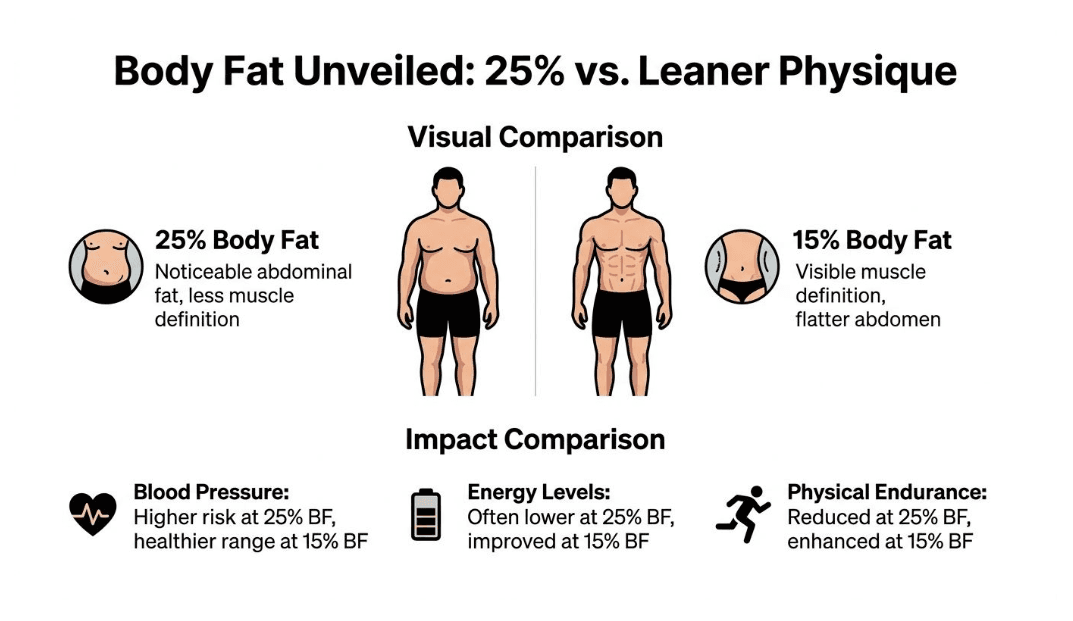 A comparative infographic showing the visual and health differences between a male body at 25% and 15% body fat