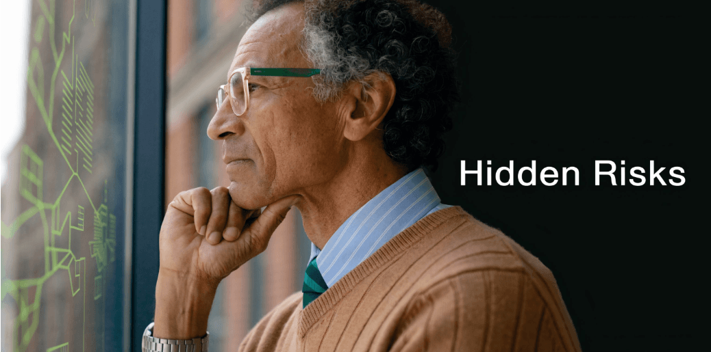 A professional man looking through a window at a digital network visualization, reflecting on potential hidden health risks