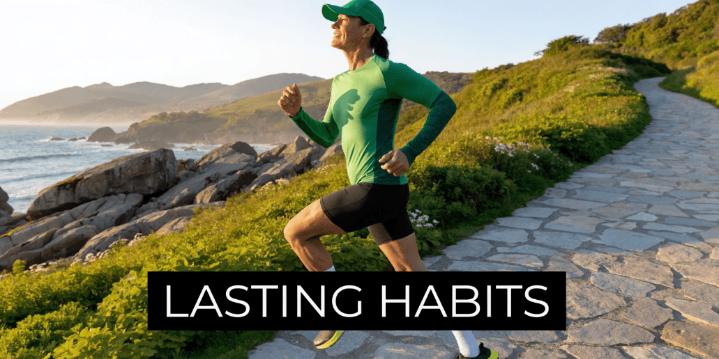 A fit person running along a scenic coastal stone path at sunset, symbolizing fitness over 40