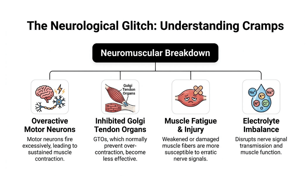 Infographic showing the four causes of neuromuscular breakdown: overactive motor neurons, inhibited Golgi tendon organs, muscle fatigue and injury, and electrolyte imbalance