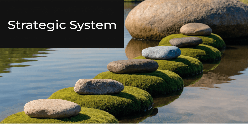 A line of mossy stepping stones leading across a serene pond, representing a strategic system for body transformation