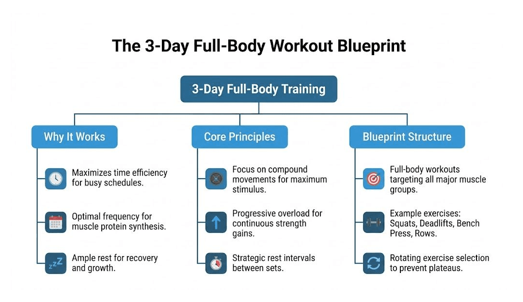Workout blueprint flowchart showing the 3-day training split structure